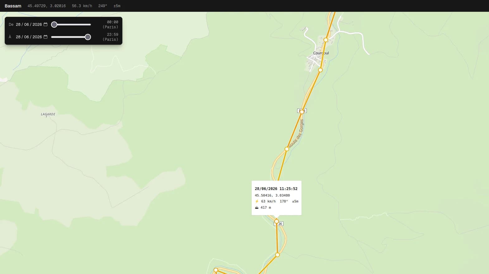 Détail du trajet du tracker GPS dans la vallée de Courgoul.